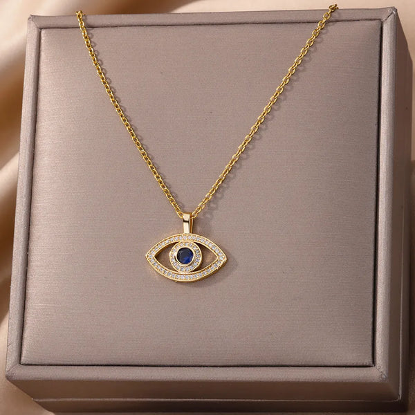 Zircon Evil Eye Pendant Necklace for Women Stainless Steel Lucky Turkish Demon Eye Necklaces