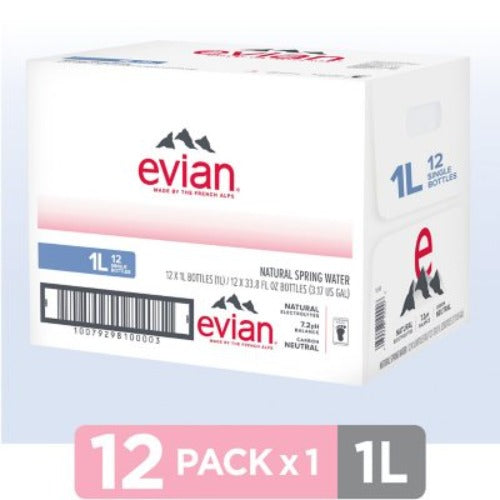 Evian Natural Spring Bottled Water 1L., 12 Pk.