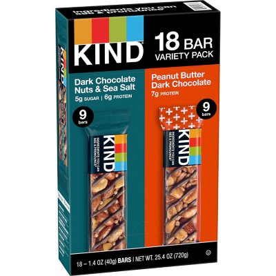 KIND Snack Bars Variety Pack, Dark Chocolate Nuts & Sea Salt and Peanut Butter Dark Chocolate (18 Ct.)