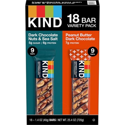 KIND Snack Bars Variety Pack, Dark Chocolate Nuts & Sea Salt and Peanut Butter Dark Chocolate (18 Ct.)