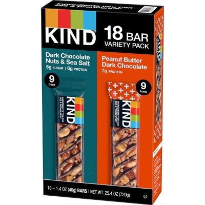 KIND Snack Bars Variety Pack, Dark Chocolate Nuts & Sea Salt and Peanut Butter Dark Chocolate (18 Ct.)