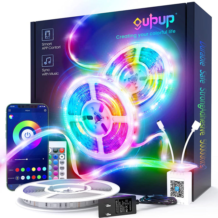 GUPUP 50 FT LED Strip Lights,Bluetooth LED Lights for Bedroom, Color Changing Light Strip with Music Sync, Phone Controller and IR Remote(App+Remote +Mic)