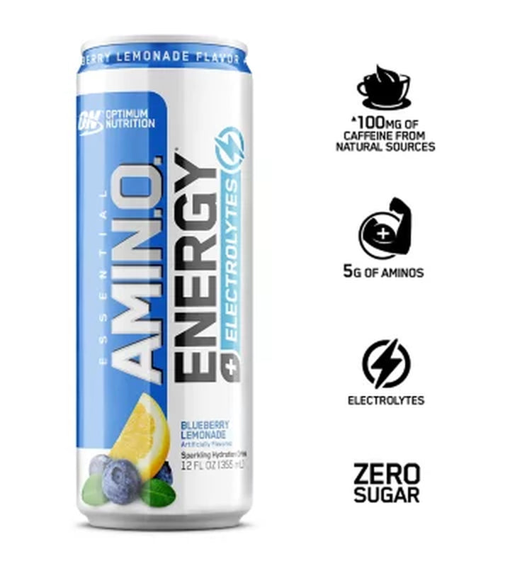 Optimum Nutrition Essential Amino Energy + Electrolytes Sparkling Hydration Drink, Blueberry Lemonade (12 Ct.)