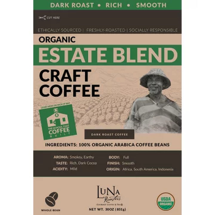 Luna Roasters Organic Estate Blend Craft Whole Bean Coffee, Dark Roast 30 Oz.