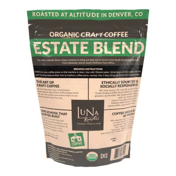 Luna Roasters Organic Estate Blend Craft Whole Bean Coffee, Dark Roast 30 Oz.