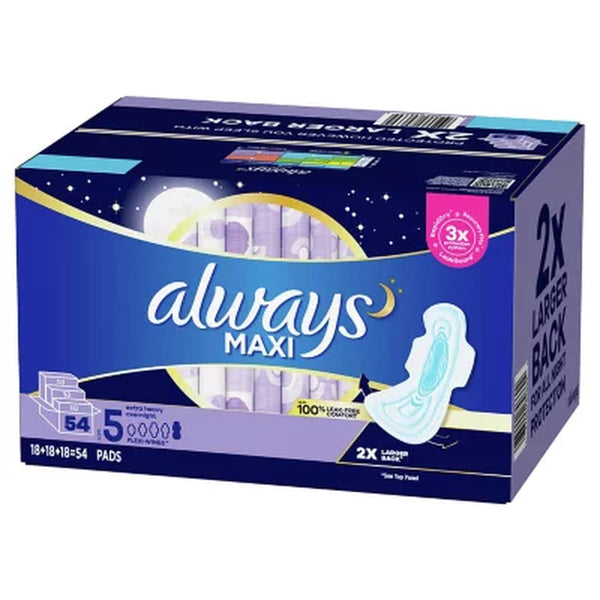 Always Maxi Extra Heavy Overnight Pads with Flex-Wings, Unscented - Size 5 (54 Ct.)