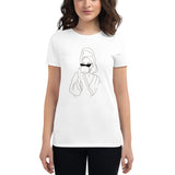 Women's short sleeve t-shirt with signature lady drinking coffee