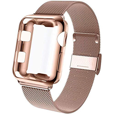 GBPOOT Compatible for Apple Watch Band 38mm 40mm 42mm 44mm with Screen Protector Case, Sports Wristband Strap Replacement Band with Protective Case for Iwatch Series 6/SE/5/4/3/2/1,42mm,Pink Gold