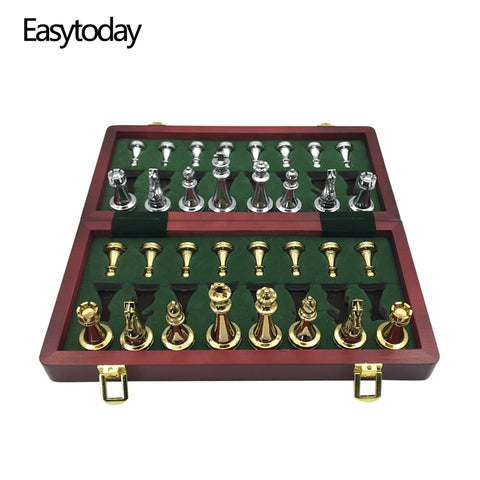 Metal Glossy Golden And Silver Chess Pieces Solid Wooden Folding Chess Board High Grade Professional Chess Games Set