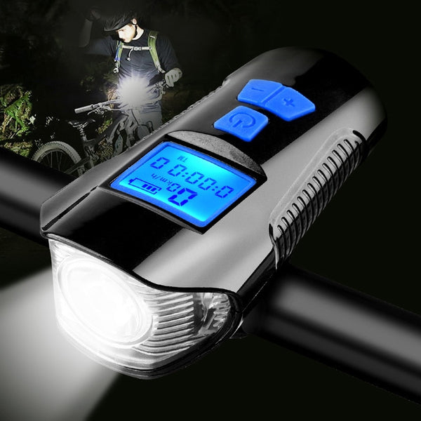 Waterproof Bicycle Light USB Charging Bike Front Light Flashlight Handlebar Cycling Head Light w/ Horn Speed Meter LCD Screen