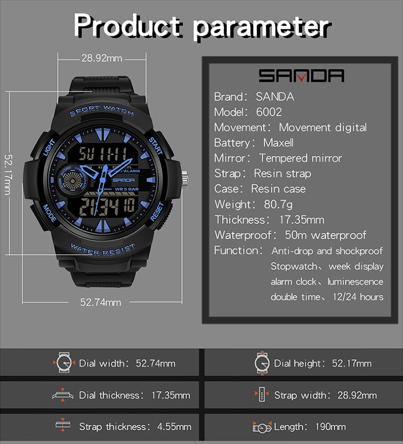 Watch Men's Sport Watches Multifunctional Chronograph Waterproof Digital Military LED Quartz Clock