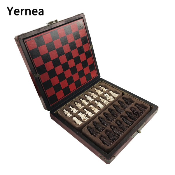 New Antique Chess Set of Chess Wooden Coffee Table Antique Miniature Chess Board Chess Pieces Move Box Set Retro Style lifelike